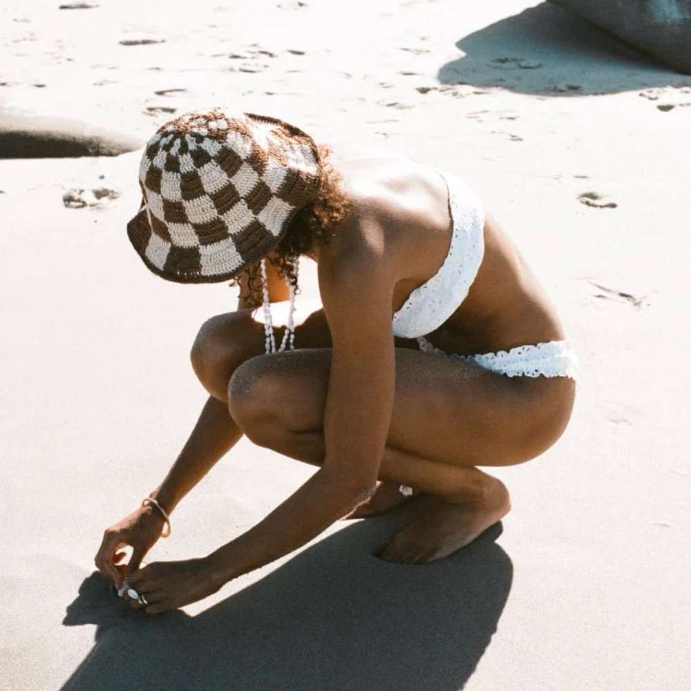 Made By Minga Bucket Hat, size M, crocheted brown + natural